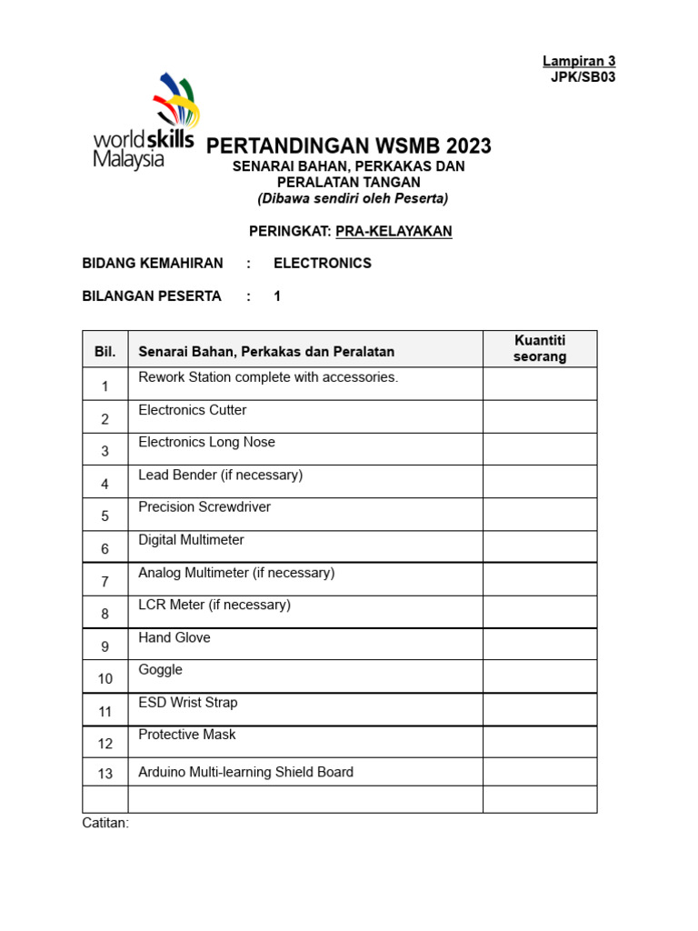 WSMB 2023 Pra-Kelayakan SENARAI PERALATAN DIBAWA OLEH PESERTA | PDF