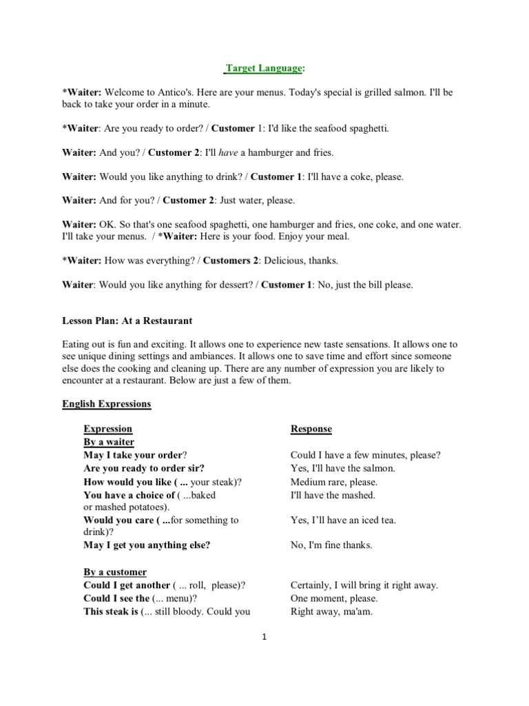 English Conversations For Waiters Restaurants Waiting Staff