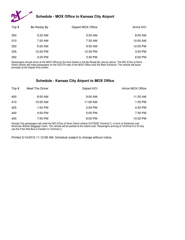 MOX Shuttle Schedule to KCI Airport | PDF | Technology & Engineering