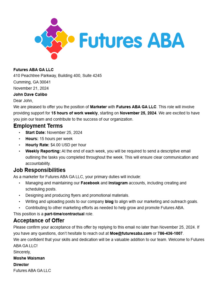 Job Offer for Marketer at Futures ABA | PDF