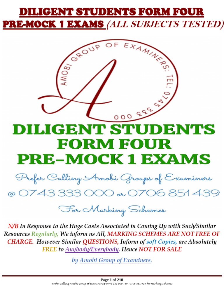Form Four Pre-Mock Exam Marking Schemes | PDF | Farms | Livestock