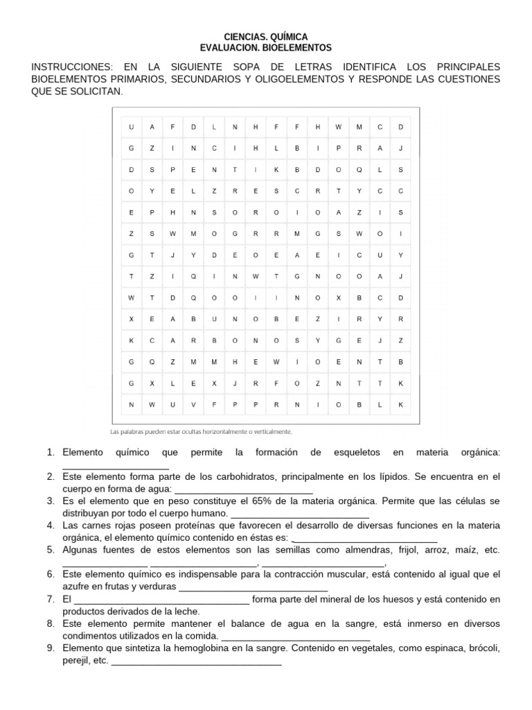Sopa de Letras Bioelementos | PDF