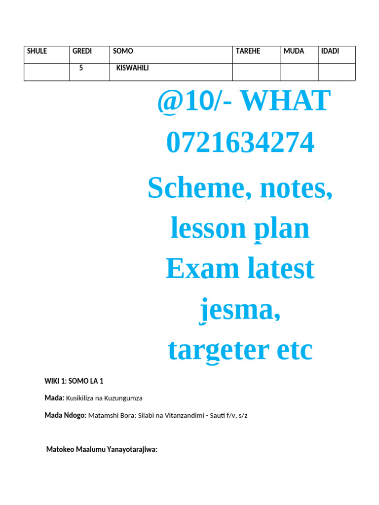 5 Rationalized Kiswahili Lesson Plans Term 1 | PDF