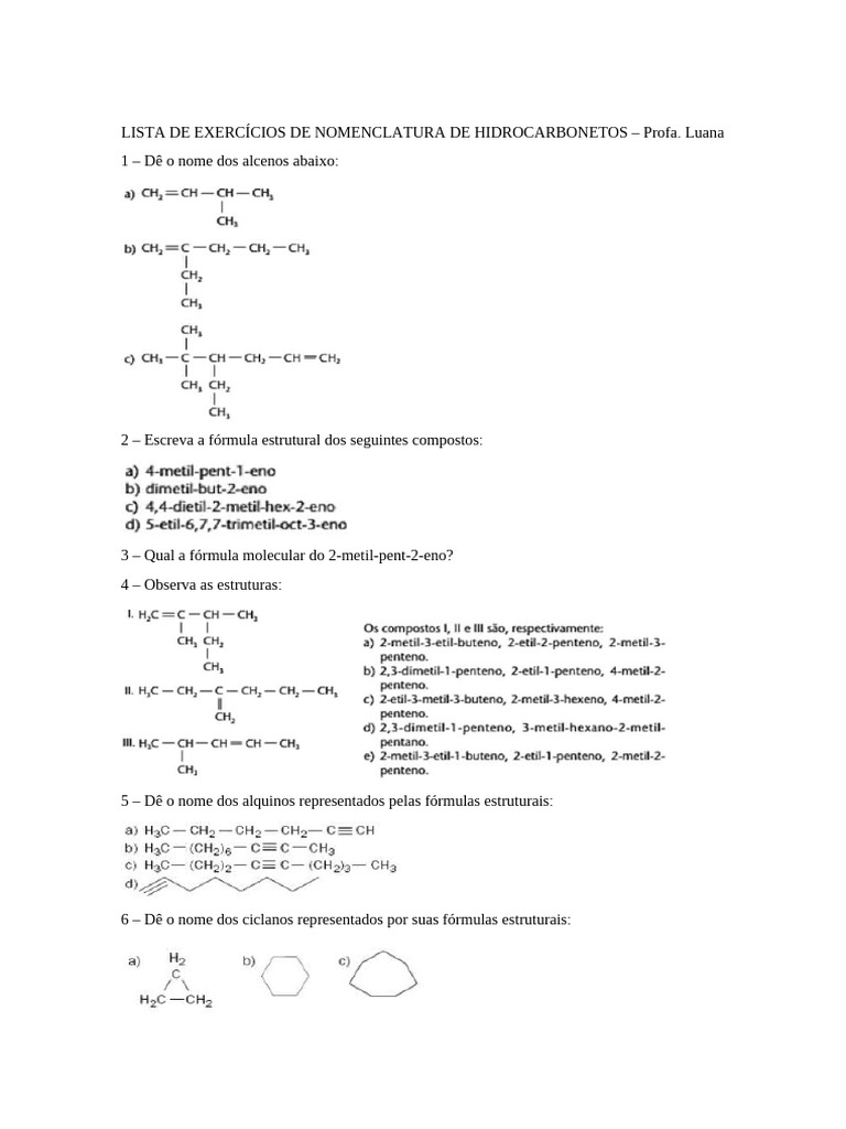 Lista de Exercícios de Hidrocarbonetos Nomenclatura | PDF