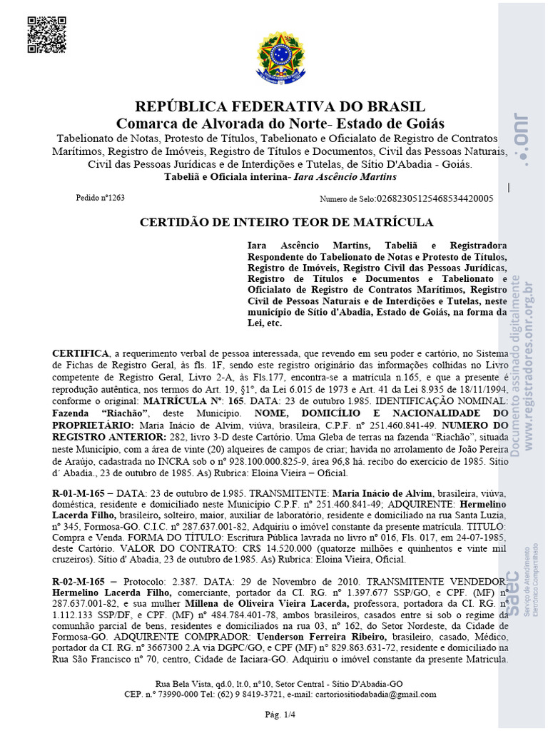 Certidão de Matrícula de Imóvel em Goiás | PDF | Brasil