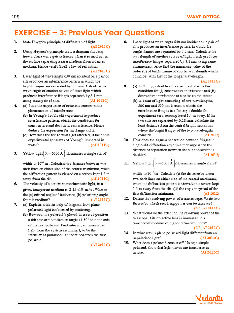 Wave Optics Exercises and Concepts | PDF | Diffraction | Wavelength