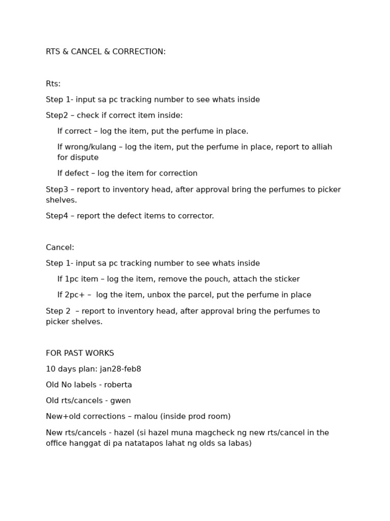 Perfume Inventory RTS & Cancel Process | PDF