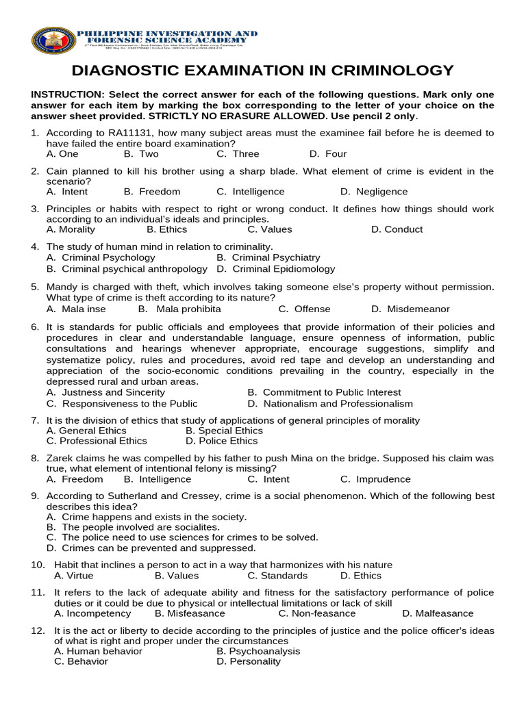 Criminology Diagnostic Exam Questions | PDF | Crimes | Crime & Violence