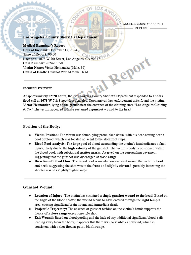 LA Coroner Report: Victor Hernandez Homicide | PDF | Ballistics