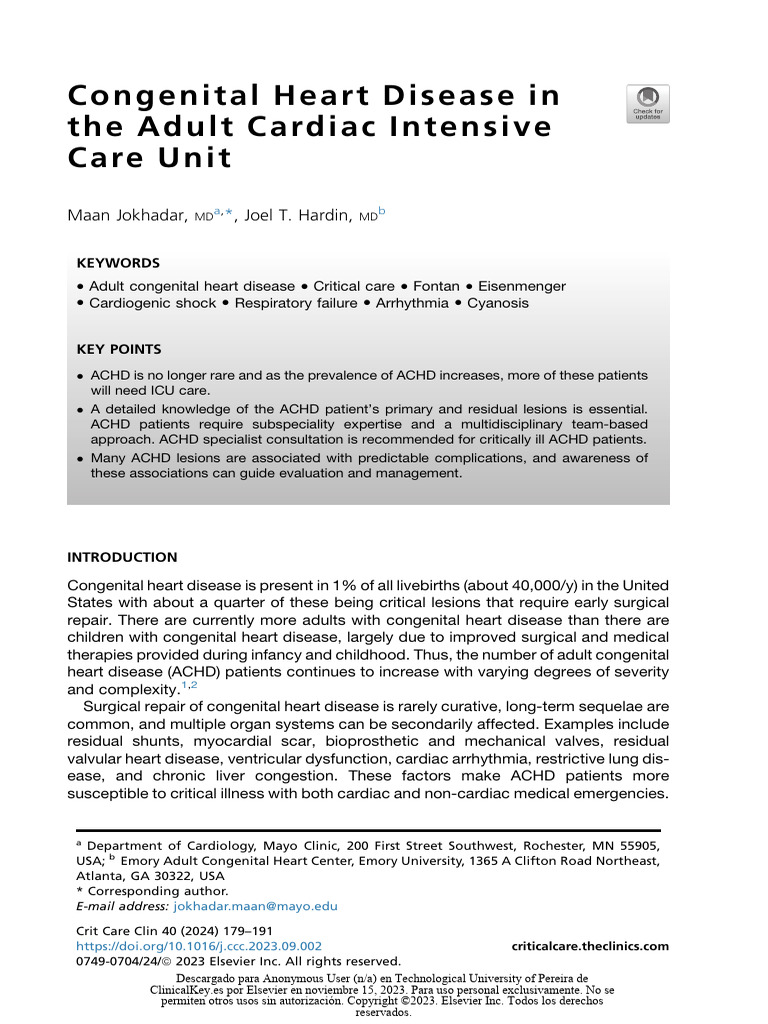 Congenital Heart Disease in The Adult Cardiac Intensive Care Unit | PDF ...