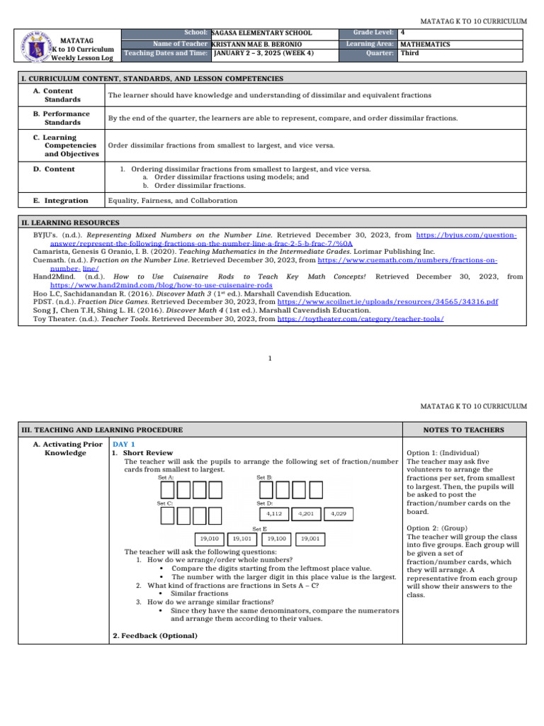 DLL MATATAG _MATH 4 Q3 W4 | PDF | Arithmetic | Learning