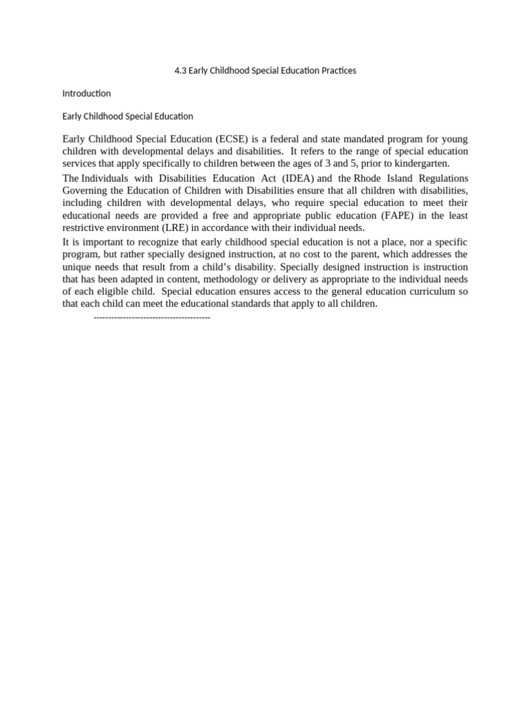 Early Childhood Special Education Practices | PDF