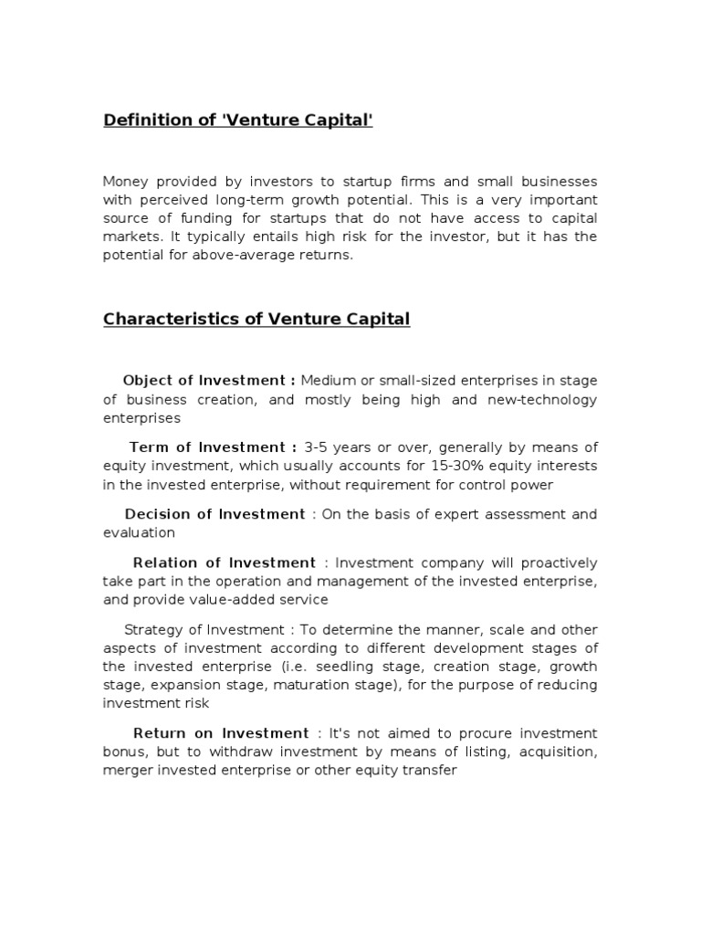 Definition of 'Venture Capital' Object of Investment