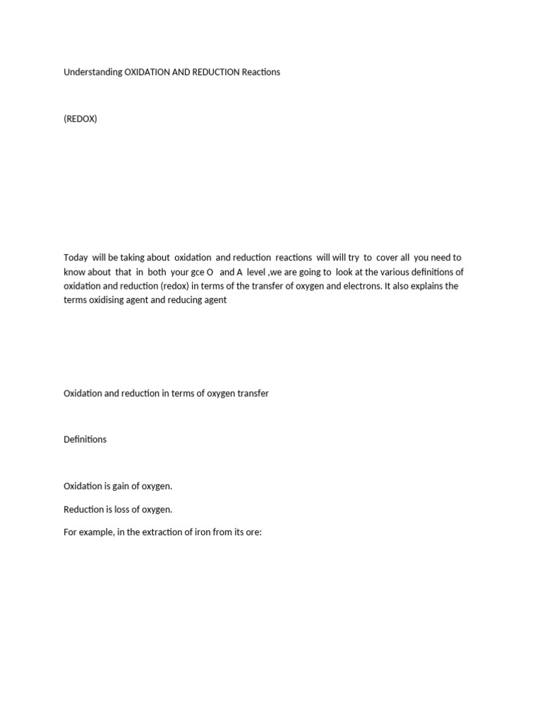 Understanding Oxidation and Reduction Reactions (Redox) | PDF | Redox ...