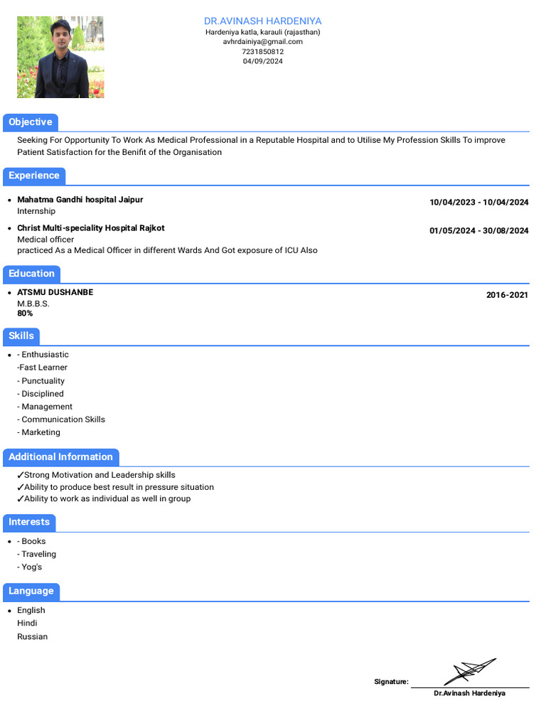 Medical Professional Resume of Dr. Hardeniya | PDF
