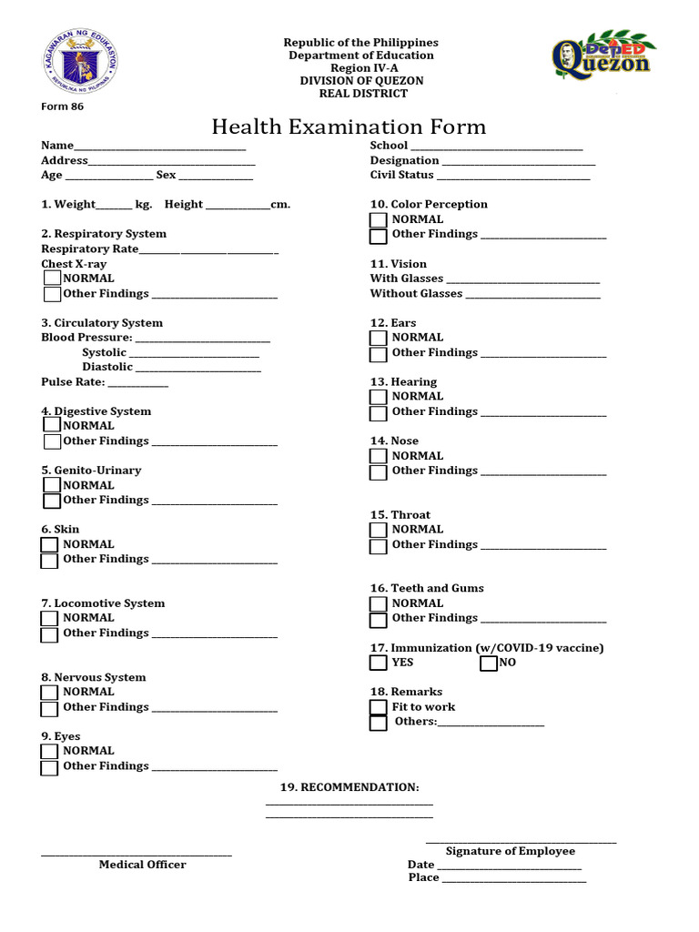Health Examination Form Philippines | PDF | Blood Pressure | Medical ...