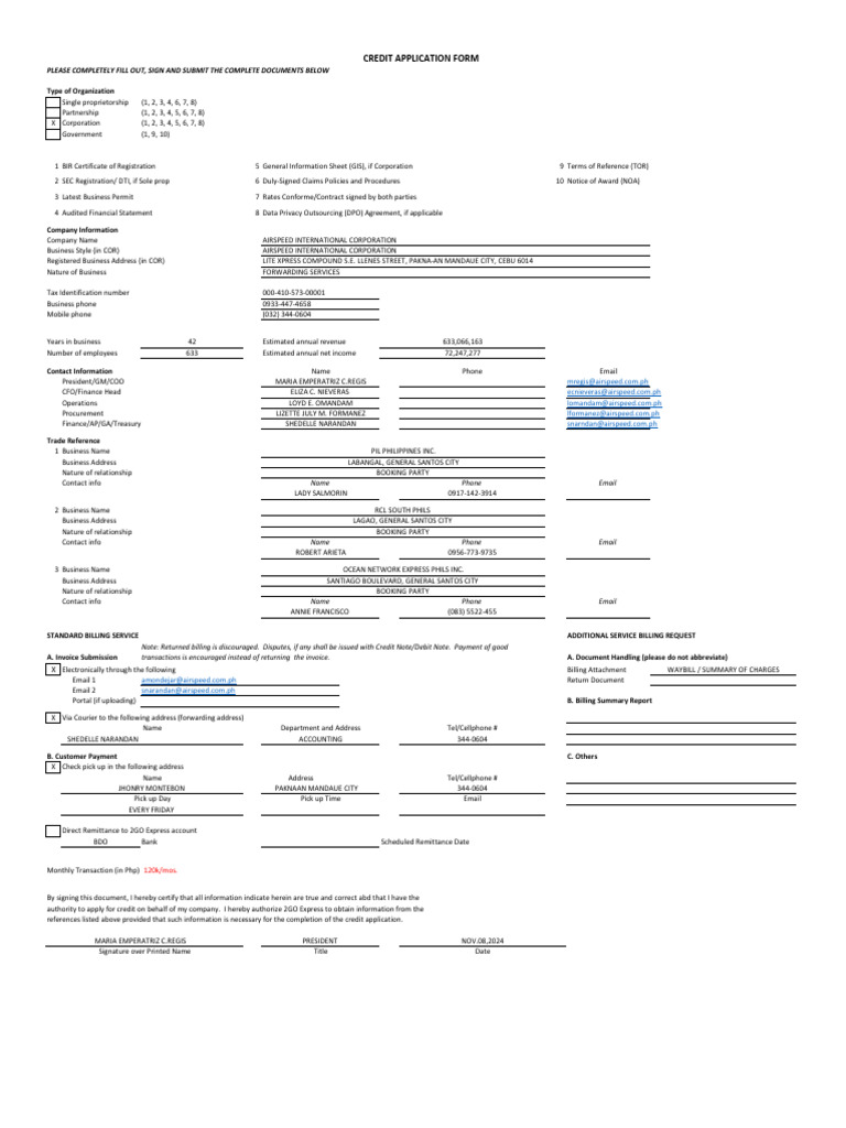 Airspeed Credit Application Form | PDF | Business | Invoice
