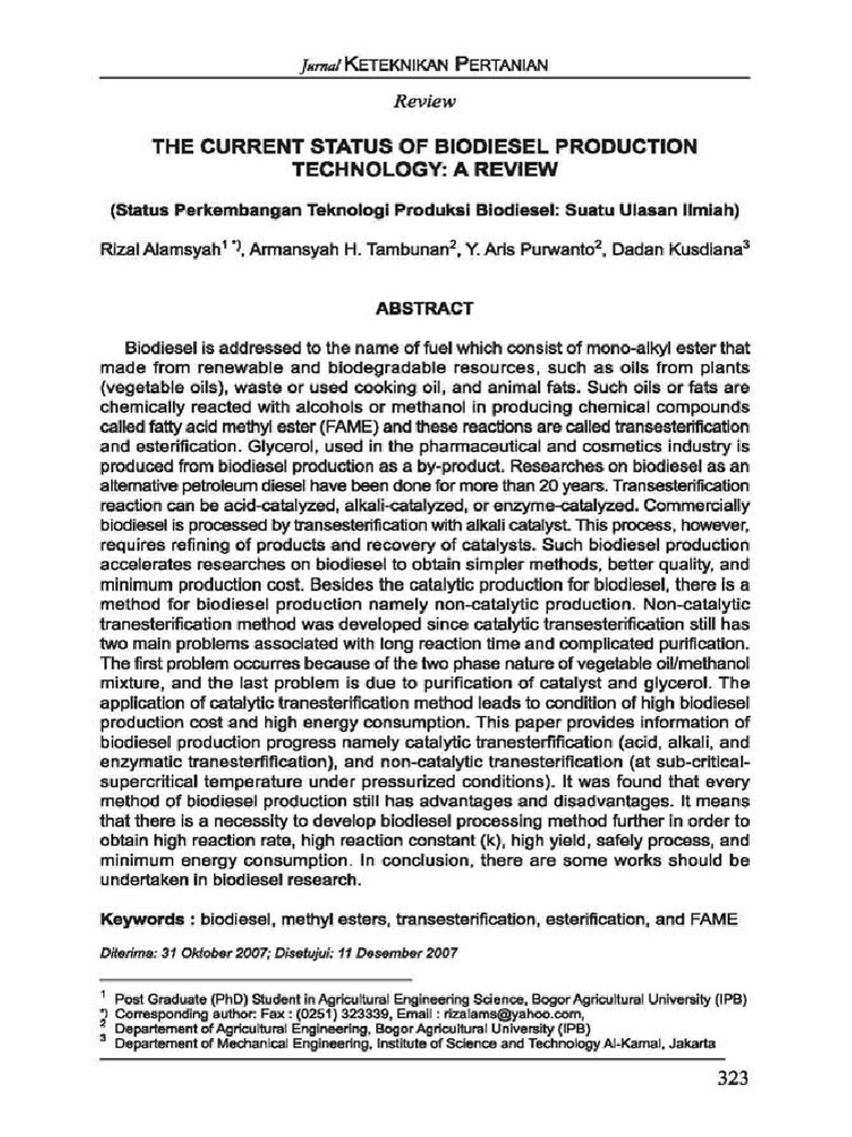 EN The Current Status of Biodiesel Production Technology A Review | PDF