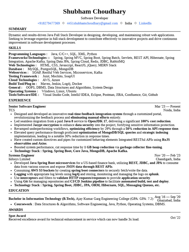 Resume Shubham Choudhary | PDF | Databases | Java (Programming Language)