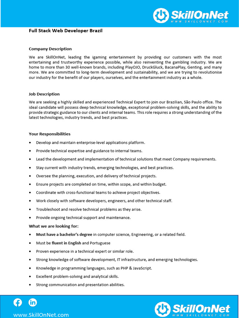 Full Stack Developer Job in Brazil | PDF | Technical Support | Computing