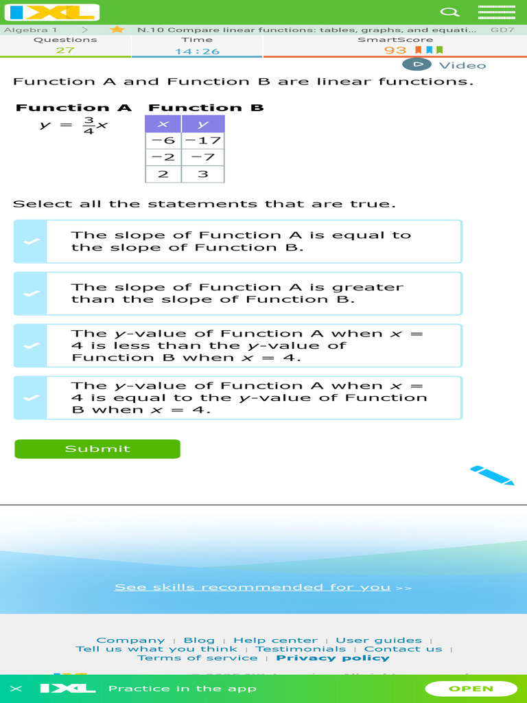 IXL - Compare Linear Functions Tables, Graphs, And Equations (Algebra 1 ...