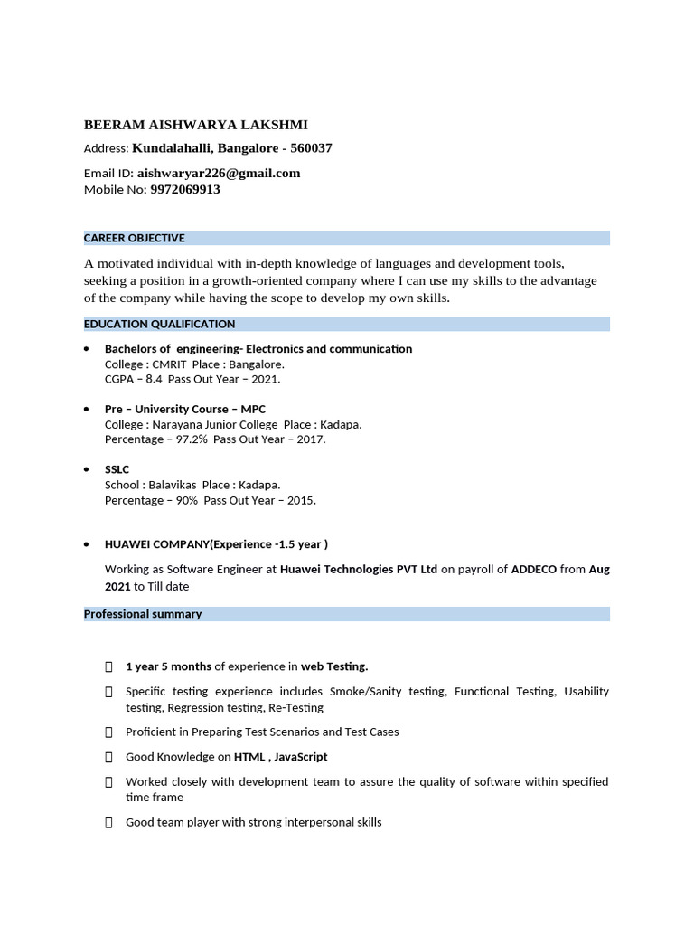 Software Engineer Resume - Aishwarya Lakshmi | PDF | Java Script ...