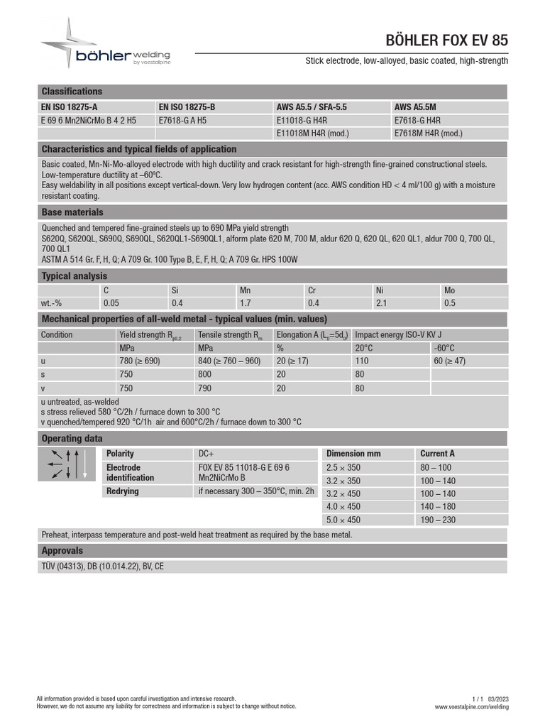 BÖHLER FOX EV 85 Electrode Specifications | PDF | Materials Science ...