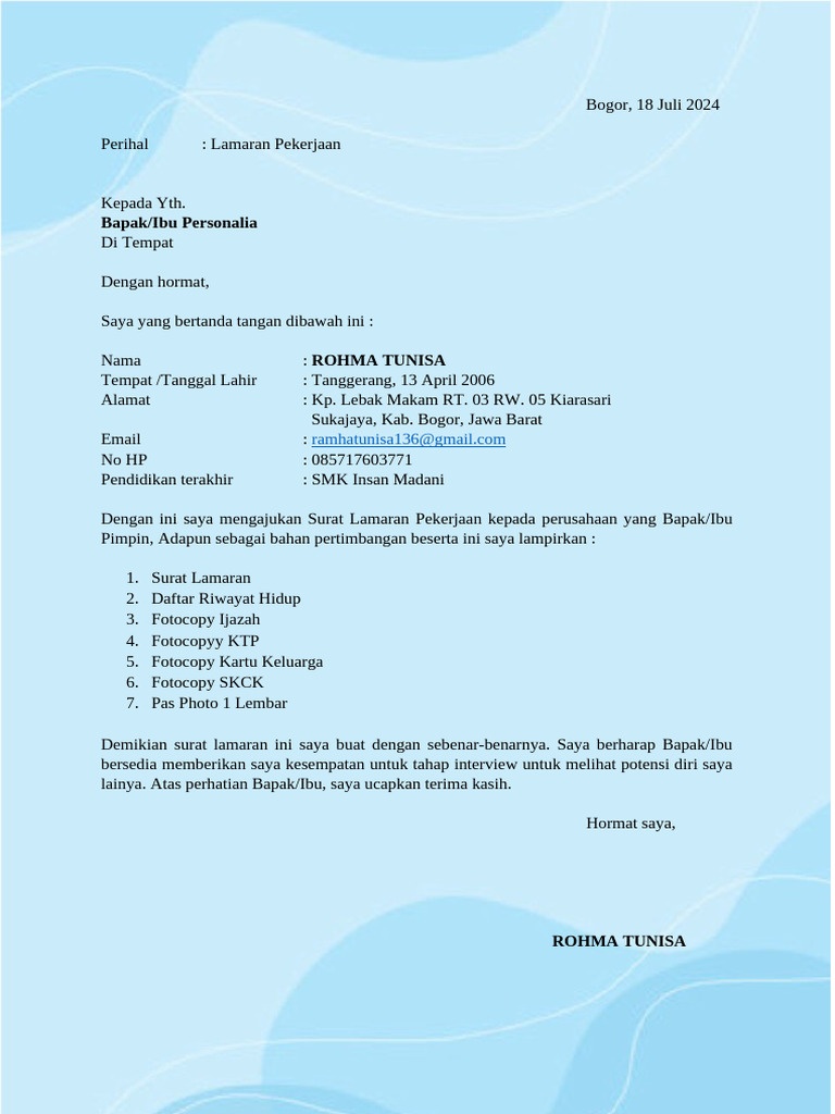 Lamaran Pekerjaan Rohma Tunisa dan Ahmad Rauf | PDF