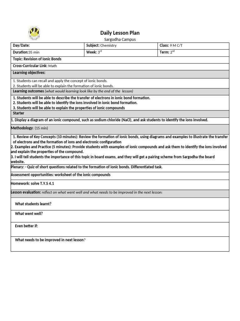 Chemistry & Physics Lesson Plans for Grade 9 | PDF | Chemical Bond ...