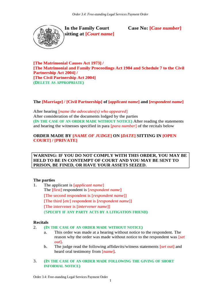 Order 3.4 - Free-standing Legal Services Payment Order | PDF | Contempt ...