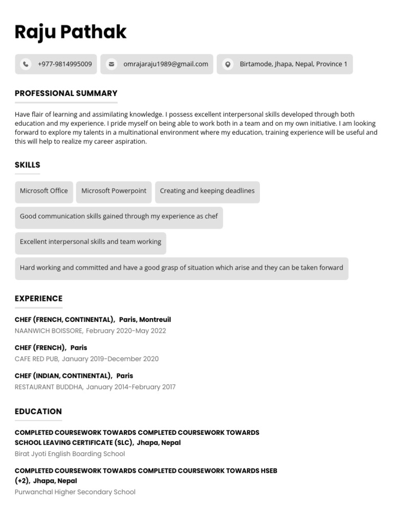Culinary Professional Resume: Raju Pathak | PDF