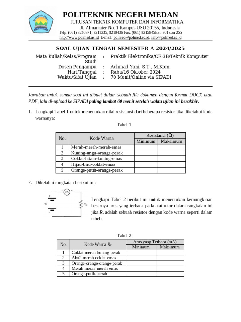 Soal Ujian Elektronika Polmed 2024 | PDF