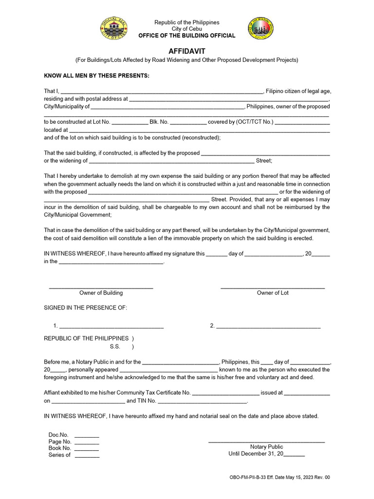 OBO FM PII B 33 v.00 Affidavit For Projects Affected by Road Widening ...