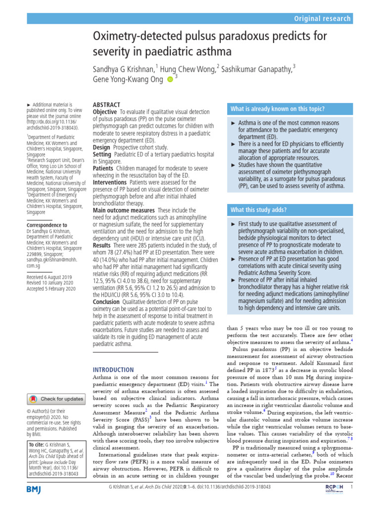 Oximetry Pulsus Paradoxus | PDF | Asthma | Intensive Care Unit