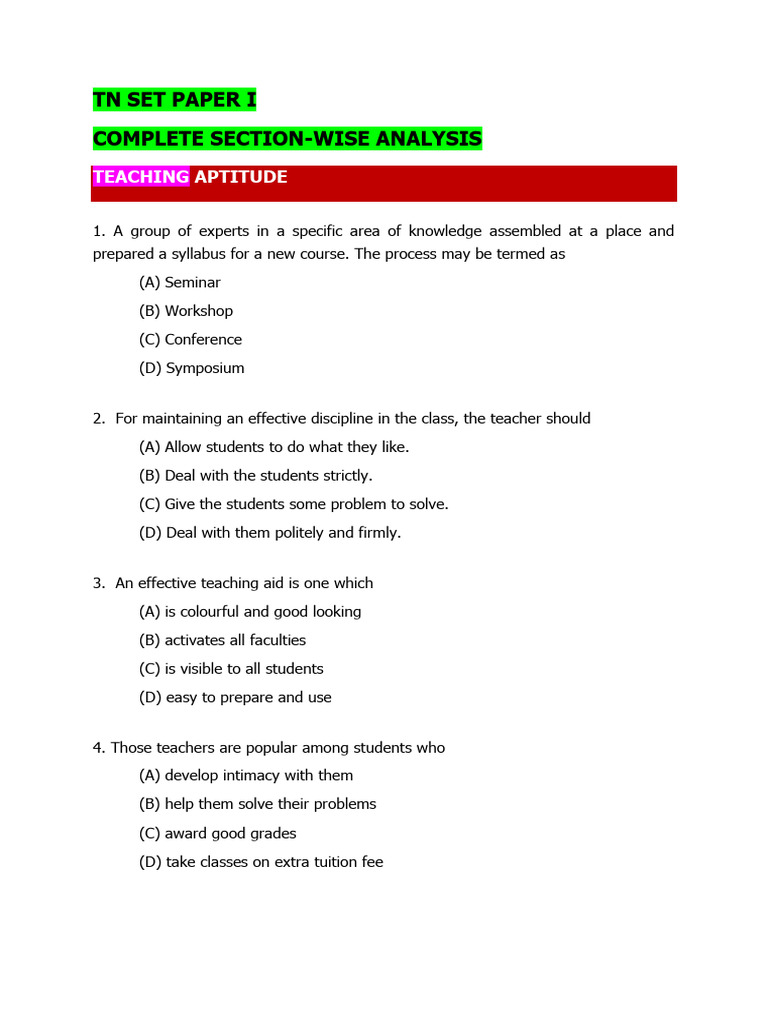 TN SET Paper I: Teaching Aptitude Analysis | PDF | Teachers | Learning