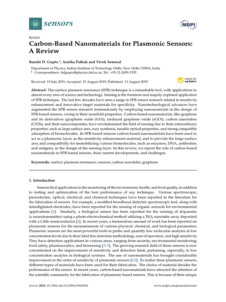 Sensors 19 03536 | PDF | Surface Plasmon Resonance | Carbon Nanotube