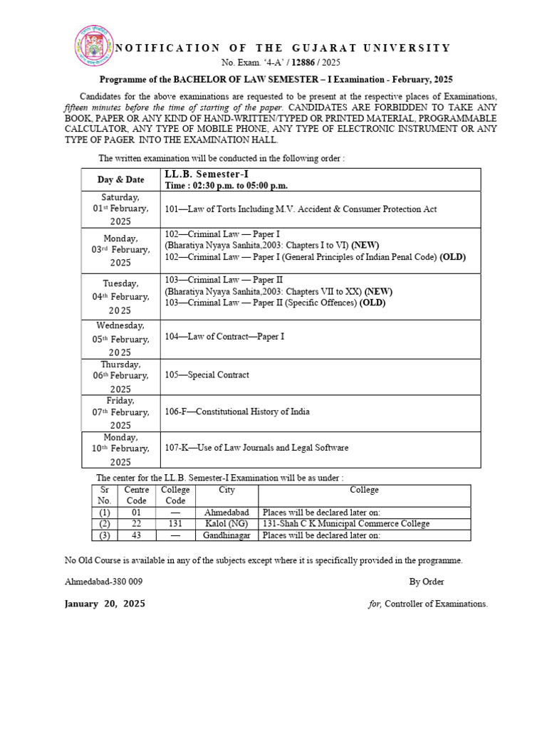 LL.B. Semester-I Exam Schedule 2025 | PDF | Common Law | Justice
