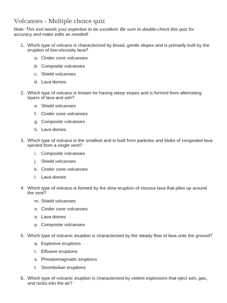 Volcanoes Quiz: Types and Eruptions | PDF | Volcano | Types Of Volcanic ...