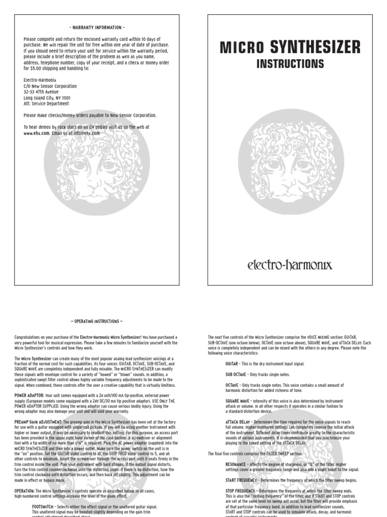 Electro-Harmonix Poly Chorus 木箱取説カタログ等付属 Micro Synthesizer User Manual | PDF | Distortion | Filter (Signal