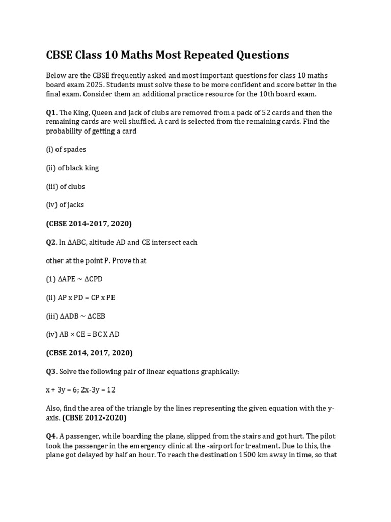 CBSE Class 10 Maths Key Questions 2025 | PDF | Ratio | Geometry
