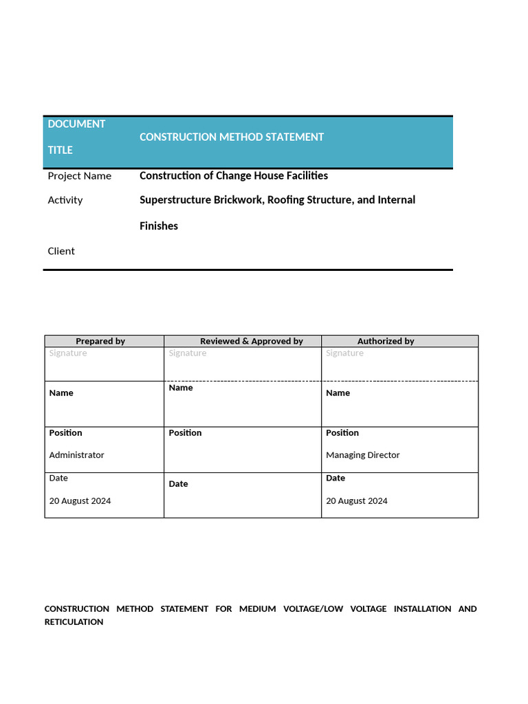 Construction Method Statement for Electrical Installations | PDF ...