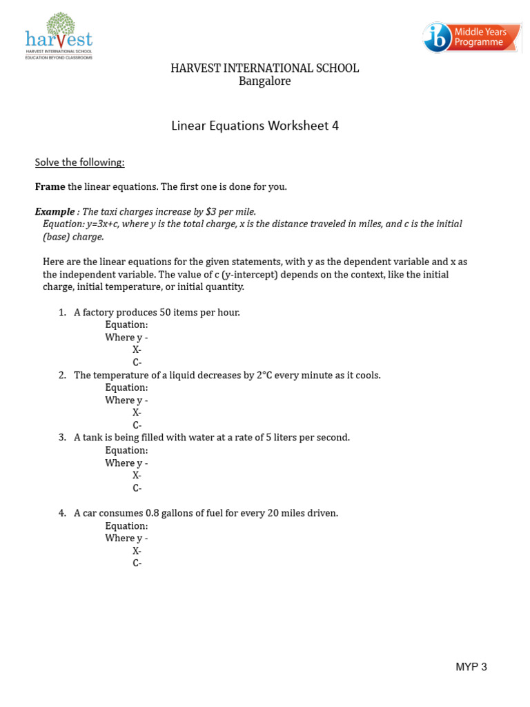 Linear Equations Worksheet for MYP 3 | PDF | Equations | Perpendicular