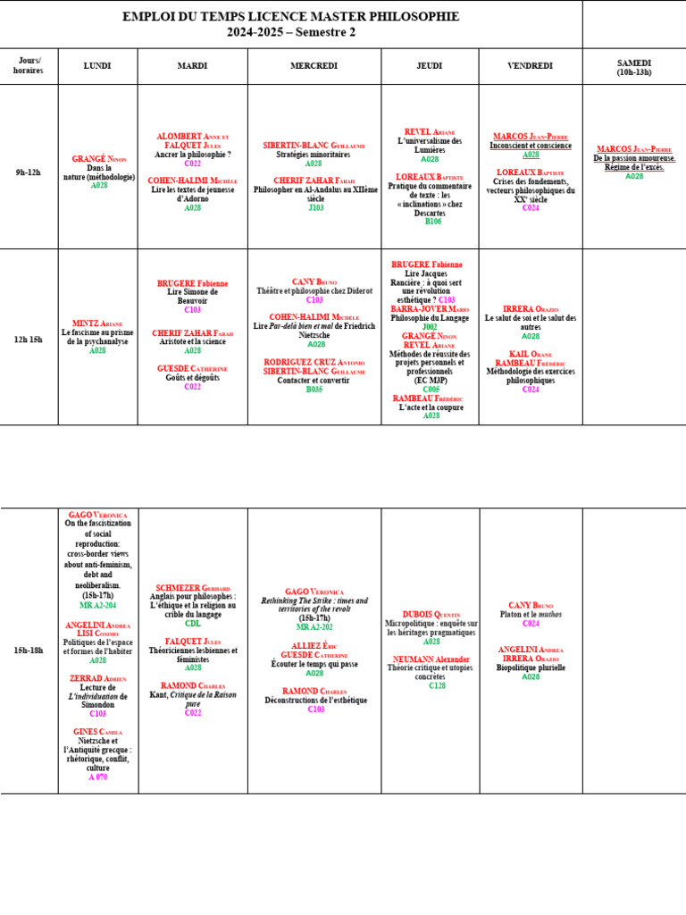 Emploi du temps Licence Master Philosophie 2024 | PDF | Enseignement ...