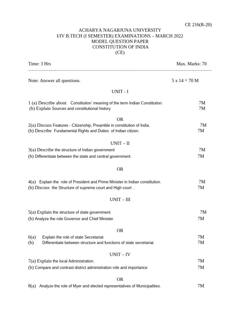 CE 216: Indian Constitution Exam Paper | PDF | Governance | Government