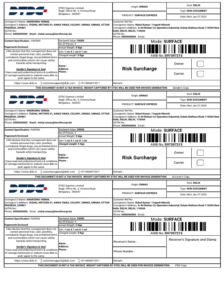 DTDC Surface Express Shipment Details | PDF | Mail