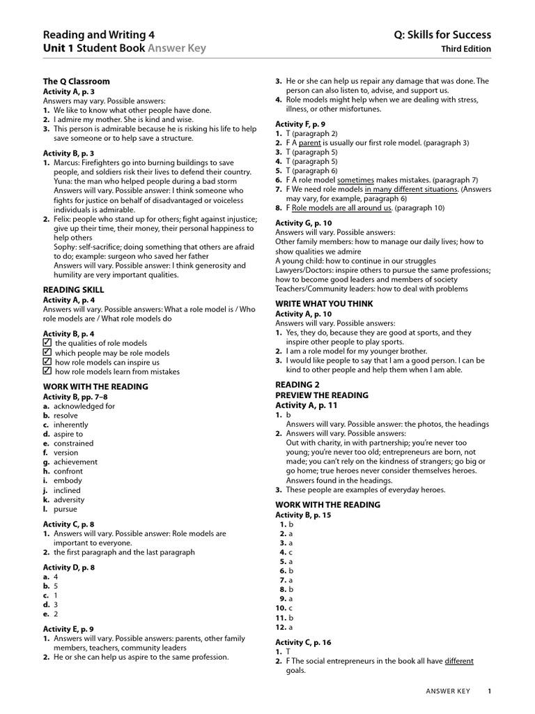 Unit 1 Answer Key: Reading & Writing 4 | PDF