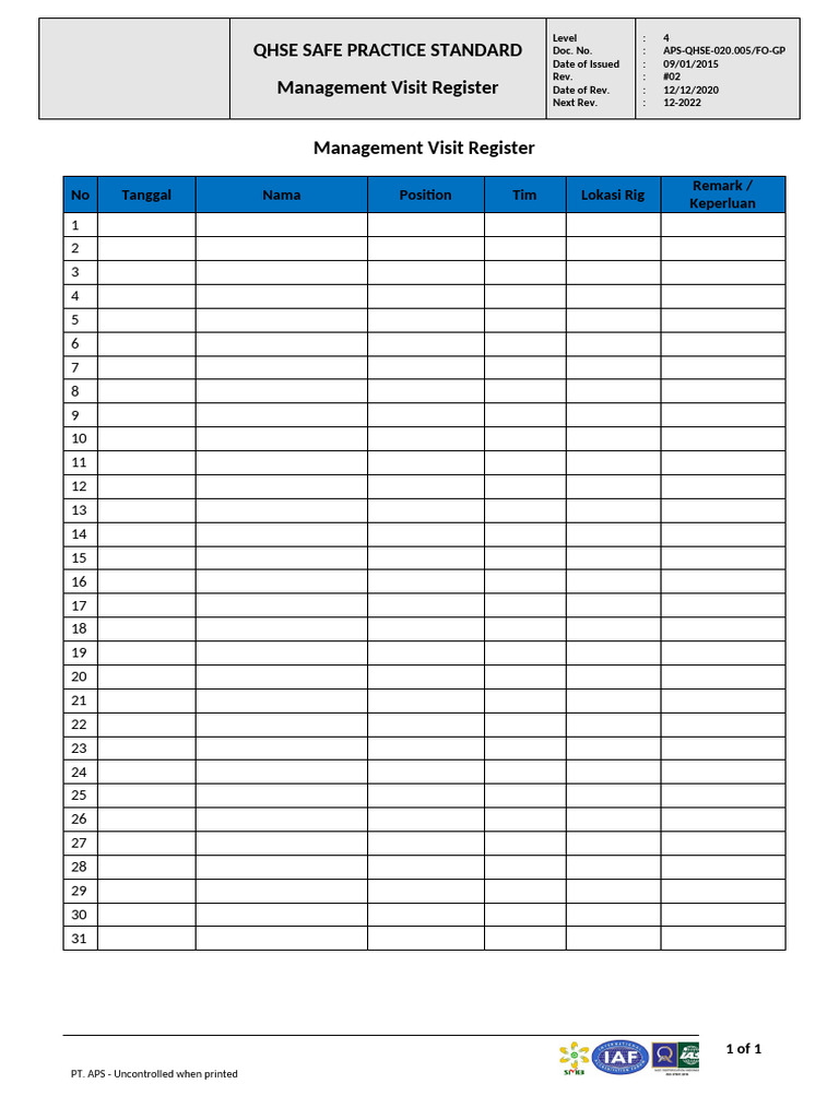 020.005.FO-SPS - Management Visit Register (Bulanan)_Rev02 | PDF