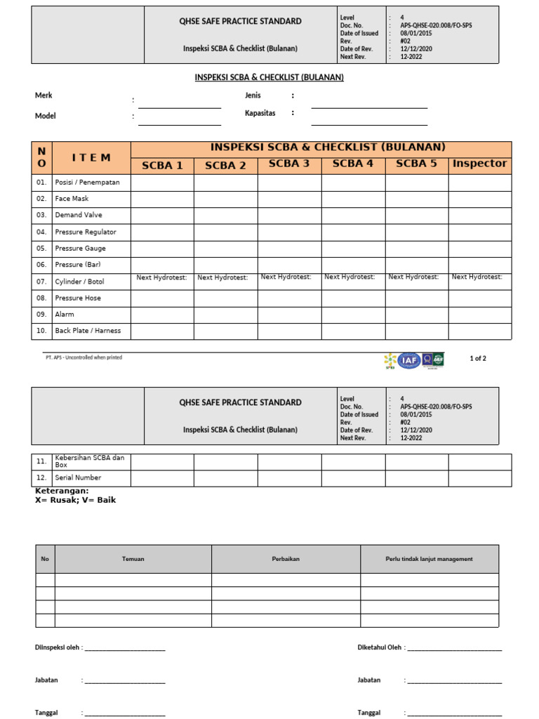 020.008.FO-SPS - Inspeksi SCBA (Bulanan) - Rev02 | PDF | Occupational ...