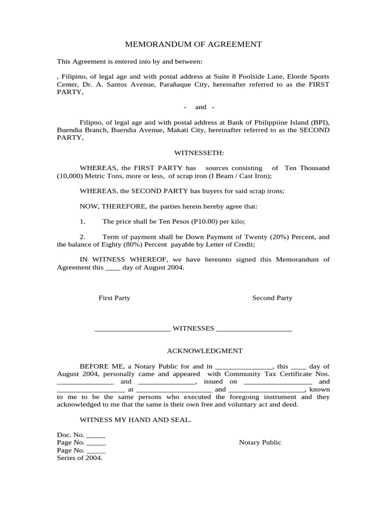 Memorandum of Agreement Template | PDF