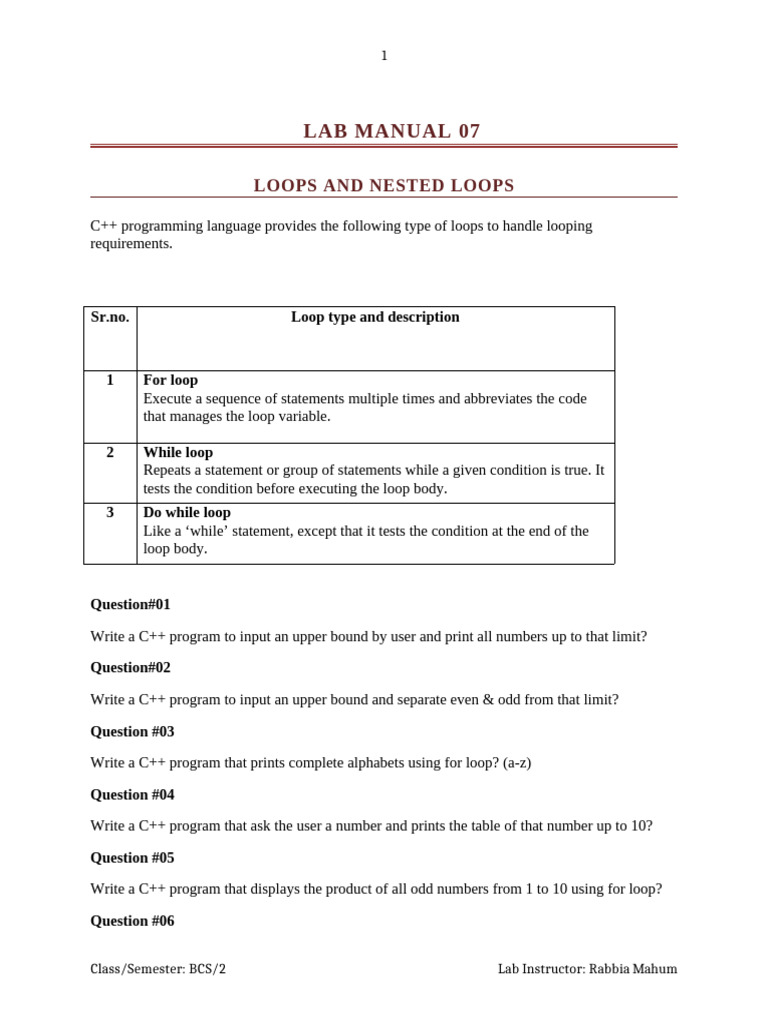 Lab Manual 07 | PDF | Control Flow | C++